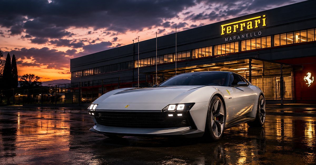 Ferrari Luce first electric Ferrari EV concept illustration at Maranello factory 2026